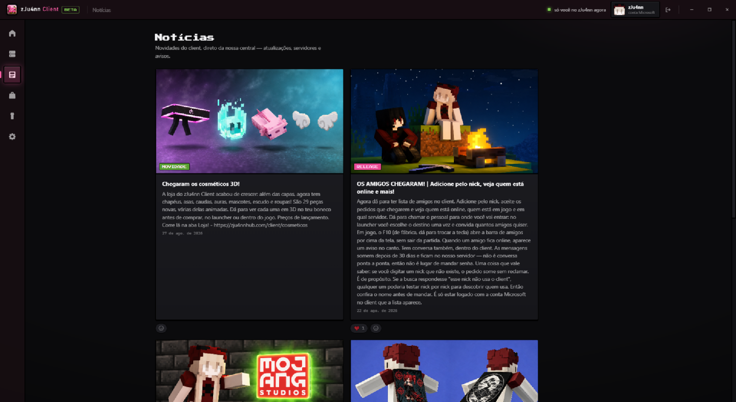 Aba Notícias: publicações com imagem, texto e reações, contando as novidades do client.