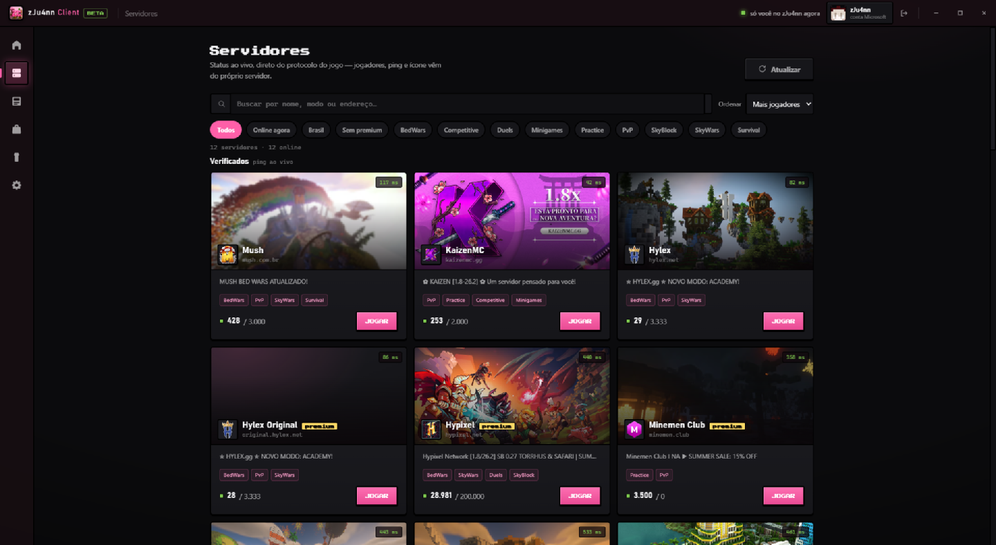 Aba Servidores: cartões com banner, ping ao vivo, jogadores online e etiquetas de modo, com busca e filtros por BedWars, PvP, Practice e outros.