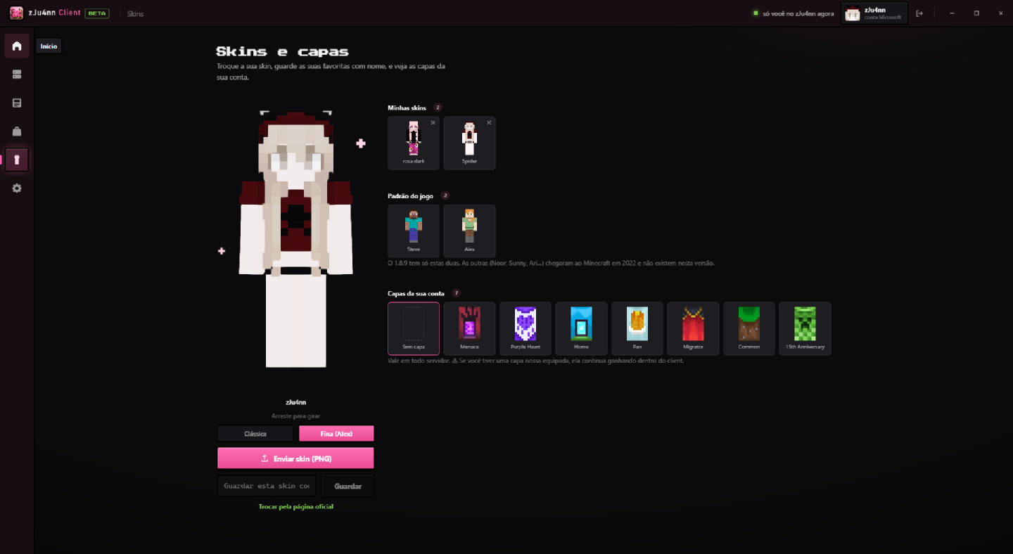 Aba Skins e capas: boneco 3D grande, skins salvas com nome, as duas skins padrão do 1.8.9 e as capas da conta Mojang.